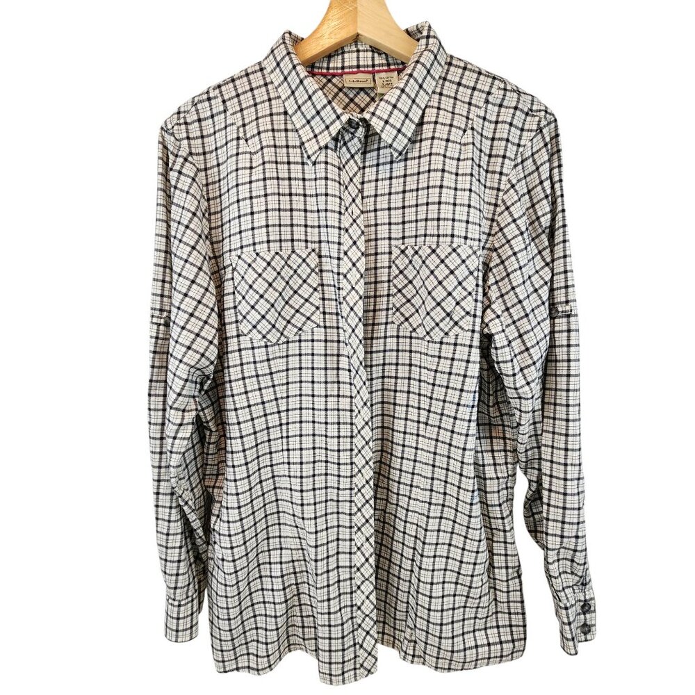 L.L. Bean Cotton Shirt Women’s L - Regular Long Sleeve Tailored Fit B&W Plaid
